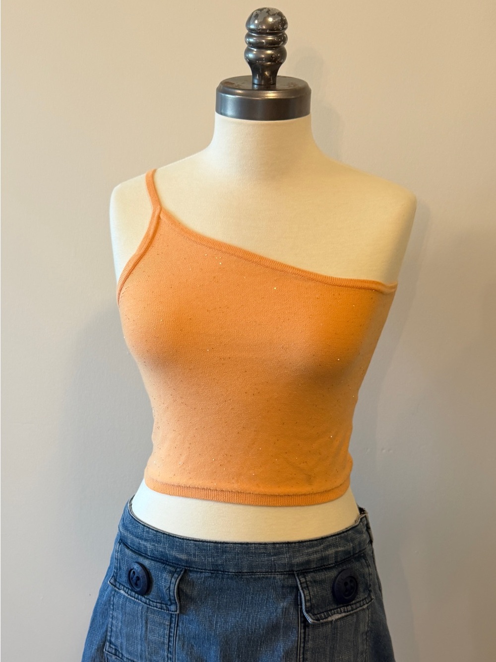 525 Y2K Orange Sparkle Asymmetrical Knit Tank McBling 2000s
